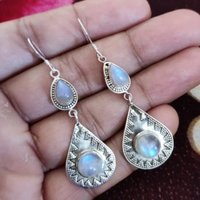 Bohemian Style Vintage Synthetic Moonstone Silvery Pendant Earrings Women's Elegant Temperament Banquet Jewelry Accessories Gift
