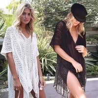 Knit Hollow Out Dress Without Bikini, Long Sleeves Round Neck See Through Crochet Cover Up Dress, Women's Swimwear & Clothing