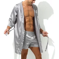 Mens Hooded Bathrobe Shorts Set Pajamas Night Robe Dress Gown Male Silk Satin Nightgown Kimono Bathrobe Sleepwear House Robe Men