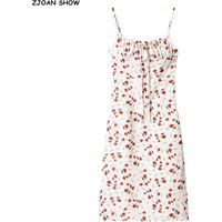 Holiday Women White Floral Print Sling Dress Bow Ruched Chest Lacing Up Bow Collar Midi Long Dresses Vestidos Summer Robe