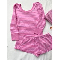 Cotton Pink Striped T-shirts Shorts Set Women Cute Slim U-neck Top+Elastic Waist Short Pant Cozy Sweet Home Pajama 2 Piece Sets