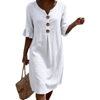 2026 Amazon European and American Cross-Border Spring and Summer New Cotton and Linen V-Neck Dress with Large Buttons and Ruffle