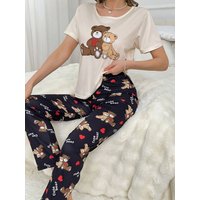 Standard Size Women's Four Seasons Spring and Summer Casual Loose Casual Cartoon Printed Short-Sleeved Shorts Women's Pajamas Set