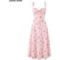 Sexy Pink Floral Print Bow Ruched Chest Corset Style Sling Dress Women Lining Spliced Lace Hem A-line Swing Midi Dresses Robe