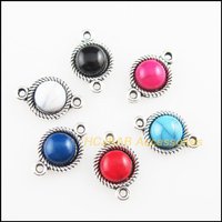 Fashion 24Pcs Tibetan Silver Plated Round Mixed Acrylic Charms Pendants Connectors 8.5x13mm