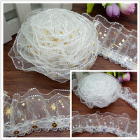 Hot 1/ 3/ 5yards 3-Layer Golden Silver Flower stars Lace Gathered Pleated sequined Trim DIY