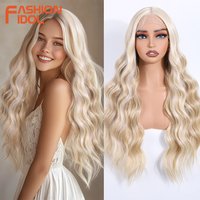 FASHION IDOL 28 inch Body Wave Lace Wigs Synthetic With Baby Hair Wigs For Women Ombre Blonde Deep Wavy Highlight Cosplay Wigs