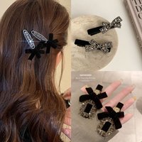 2pcs Black Velvet Sparkling Diamond Hairpin Bow Rectangular Double Shaped Light Luxury Women's Party Texture Versatile Headpiece