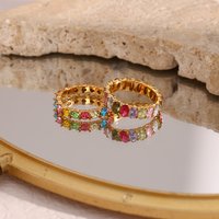 E.B.belle Luxury Sparking AAA Zircon Colorful Rainbow Zircon Baguette Ring Sweet Girl's Party Ring Jewelry Stainless Steel