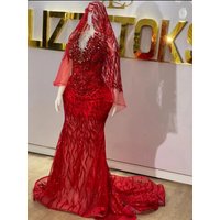 Red Sparkly Long Prom Dresses For Black Girls Sequins Beaded Birthday Party Dresses African Evening Gown Robe De Customized