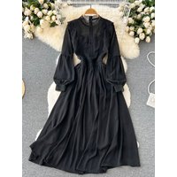 Spring Autumn Black Vintage Long Dress Women Stand Neck Long Sleeve Mid Length Chiffon Dresses Ladies Elegant A-line Long Robe