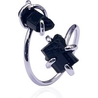 Irregular Black Tourmaline Open Ring Silver Color Handmade Raw Stone Finger Jewelry Resizable