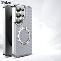 Diamond Textured Leather Magnetic Magsafe Case For Samsung Galaxy S23 S24 S26 S25 Ultra Plus Rotating Bracket Shockproof Cover