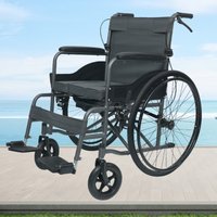 Folding Commode Wheelchair Portable High Carbon Steel Frame Reinforced Cross Support Oxford Fabric Double Brake Adjustable