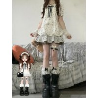 Subculture Vintage Kawaii Short Sleeve Patchwork Dress Polka Dot Print Lace Spliced Peter Pan Collar Y2k Retro Dress Slim
