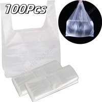 100Pcs White Plastic Shopping Bag Food-Grade Transparent Vest Bags Supermarket Plastic Bags with Handle Food Packaging Bag