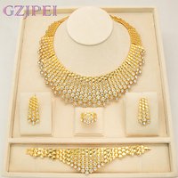 GZJPEI 4Piece Luxury White Zircon Jewelry Set Necklace Earring Bracelet Ring Gold Plated Electroplating Dubai Banquet For Women