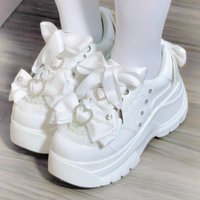 White Big Bow Pearl Heart Decor Lolita Platform Sneakers 2026 Women's Kawaii Thick Sole Casual Shoes Harajuku Y2K Cosplay Shoes