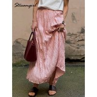 Streamgirl Women Summer Skirts Long Pleated A Line Elegant Solid Big Swing Maxi Skirt Ladies Blue White Beach Skirt Women Luxury