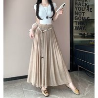 Casual Pleated Summer Long A-line Skirt Women New Korean Solid Color Elegant Simple Loose Maxi Skirts High Waist Woman Clothing