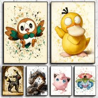 Pokemon Watercolor Canvas Wall Art - Rowlet Psyduck Umbreon Onix Jigglypuff Poster for Kids Bedroom Decor
