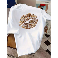 Gold Lips Leopard print T-Shirt for Women, Front & Back Design, Casual Crew Neck Short Sleeve, Versatile Daily Top 2D flat