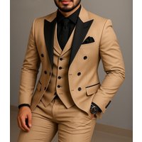 Beige Double Breasted Suit Black Lapel Slim Fit Wedding Suit