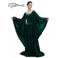DAIZBELLA Women Medieval Costume Vintage Historical Dress Retro Dark Green Velvet Celtic Gown with Wide Sleeves