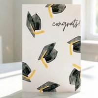 Graduation Card Congrats Greeting For Student Watercolor With Repeated Graduation Cap Print