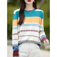 Frauen 100% Baumwolle gestreiften Pullover O-Ausschnitt Pullover lässig Farbe Blocking Spleißen Strickwaren Langarm Frühling Herbst Kleidung Top