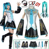 Miku Cosplay Full Set Silver Leather Fabric Suit Miku Cosplay Headwear Costume Outfit JK Sailor Dress High School Uniform Hallow