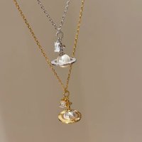 Trendy 3D Saturn Pearl Necklace with CZ Crystal Accents Gold Tone Layerable Chain Statement Necklace for Party Daily Wear
