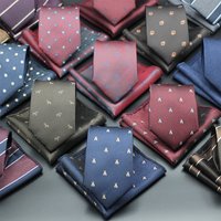 8CM Geometric Striped Necktie Set Red Blue Brown Floral Tie Pocket Squares for Man Birthday Gift Fit Party