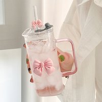 Square Shape Transparent Cup Water Bottle with Handle Bow Knot Aesthetic Glass Cups Transparent Drinking Glasses for Office