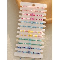 A 12-piece set of colorful wooden beaded floral soft clay bracelet, Bohemian woven ladies' adjustable bracelet