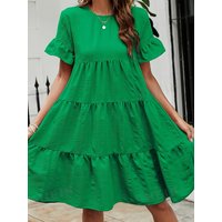 Plus Size Solid Ruched Tiered Dress, Elegant Ruffle Short Sleeve Crew Neck Swing Dress For Spring & Summer, Women's Plus Size Cl