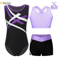 Kids Girls Sleeveless Gymnastics Leotards Jumpsuit + Shorts Rhinestone Shiny Metallic Ballet Dance Outfits Children Dancewear