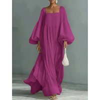 Bohemian Elegant Flowy Maxi Dress Woman Square Collar Lantern Sleeves High Waist Large Size Long Dresses Loose Party Gowns 2026