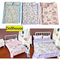1/12 Dollhouse Miniature Bed Four Piece Bed Set Bed Sheet Quilt Pillow Quilt Cover Bedding Set Doll Bedroom Decoration Toy