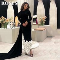 ROSES Black Long Sleeve Prom Dress Asymmetric One Shoulder Evening Dress with 3D Floral Hem فساتين السهرة Customized