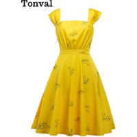 Tonval Vintage Yellow Cute Floral Print Dresses Casual Summer Women Cap Sleeve Square Collar Backless Elegant Skater Dress