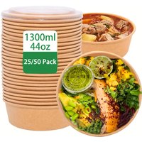 44 Unzen/1300 ml 25/50er-Pack Papierschalen mit Deckel, Einweg-Suppenschüsseln, Lebensmittelbehälter, Lunchbox, Salatschüsseln, Schüsseln für die Zube