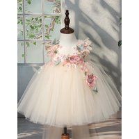 JDY Custom Flower Girl Dress for Wedding First Christmas Party with 3D Floral Appliques Butterfly Decorations and Tulle Skirt