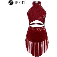 Kids Girls Modern Jazz Lyrical Dance Costume Shiny Dimonds Halter Straps Back Leotard Dress Ballet Bodysuit Ballroom Dancewear