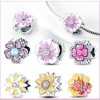 Real S925 Silver Multicolor Sunflower Theme Four-Leaf Crust Charm Original Bracelet for Jewelry Making for Women DIY Gift