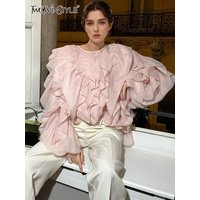 TWOTWINSTYLE Elegant Patchwork Ruffles Chiffon Blouses Women O Neck Lantern Long Sleeve Loose Shirt Female Clothing Fashion