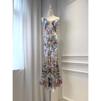Women Floral Print Blue Sling Robe Lace Embroidery Spliced Backless Sleeveless V-Neck High Waist Elegant 100% Silk Long Dress
