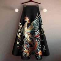 2025 Women's Phoenix Printing Skirt Traditional Chinese Style High Waist Large Hem Half Dress Vintage Over Knee Hanfu Skirts
