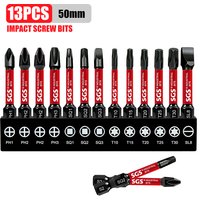 13-Piece Set of S2 Steel Impact Bits with Multiple Specifications: Phillips / Square / Torx / Flathead 50mm Magnetic Anti-Twist High-Hardness Screwdriver Bits