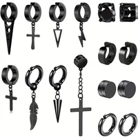 16pcs/set Punk Stainless Steel Cross Cone Pendant Ear Clip, Magnetic Stud Earrings, Men's Daily Ear Jewelry